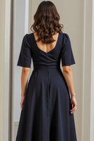 Load image into Gallery viewer, Navy A Line Short Sleeves Midi Ruched Work Dress with Slit