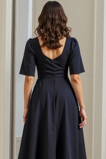 Navy A Line Short Sleeves Midi Ruched Work Dress with Slit