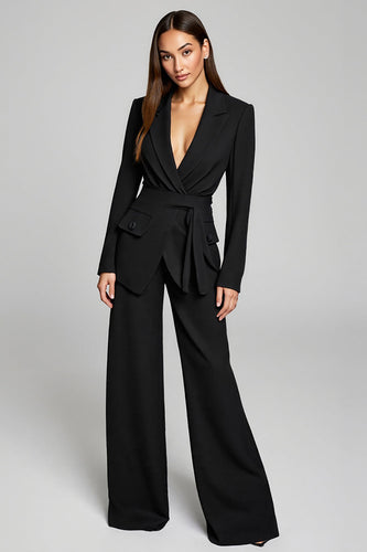 Peak Lapel 2 Piece Black Sleeves Business Suits with Sash