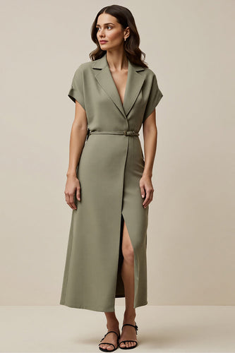 A Line Grey Green Notched Lapel Maxi Blazer Dress with Slit