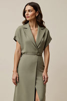 Load image into Gallery viewer, A Line Grey Green Notched Lapel Maxi Blazer Dress with Slit