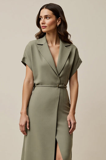 A Line Grey Green Notched Lapel Maxi Blazer Dress with Slit