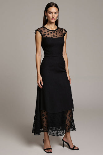 Black Illusion Cap Sleeves Neck Maxi Work Dress with Lace