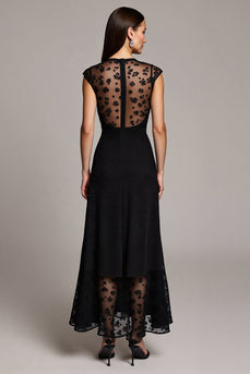 Black Illusion Cap Sleeves Neck Maxi Work Dress with Lace