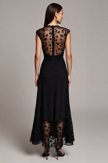 Black Illusion Cap Sleeves Neck Maxi Work Dress with Lace