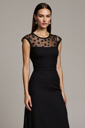 Black Illusion Cap Sleeves Neck Maxi Work Dress with Lace