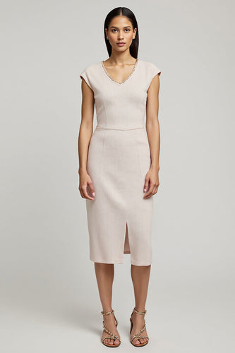Pencil Light Pink Cap Sleeves Midi Work Dress with Slit