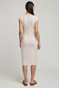 Pencil Light Pink Cap Sleeves Midi Work Dress with Slit