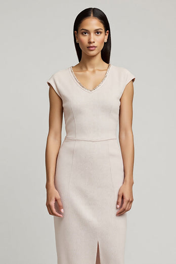 Pencil Light Pink Cap Sleeves Midi Work Dress with Slit