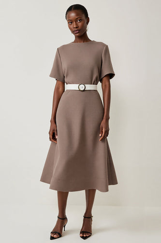 Grey A Line Short Sleeves Midi Work Dress with Belt