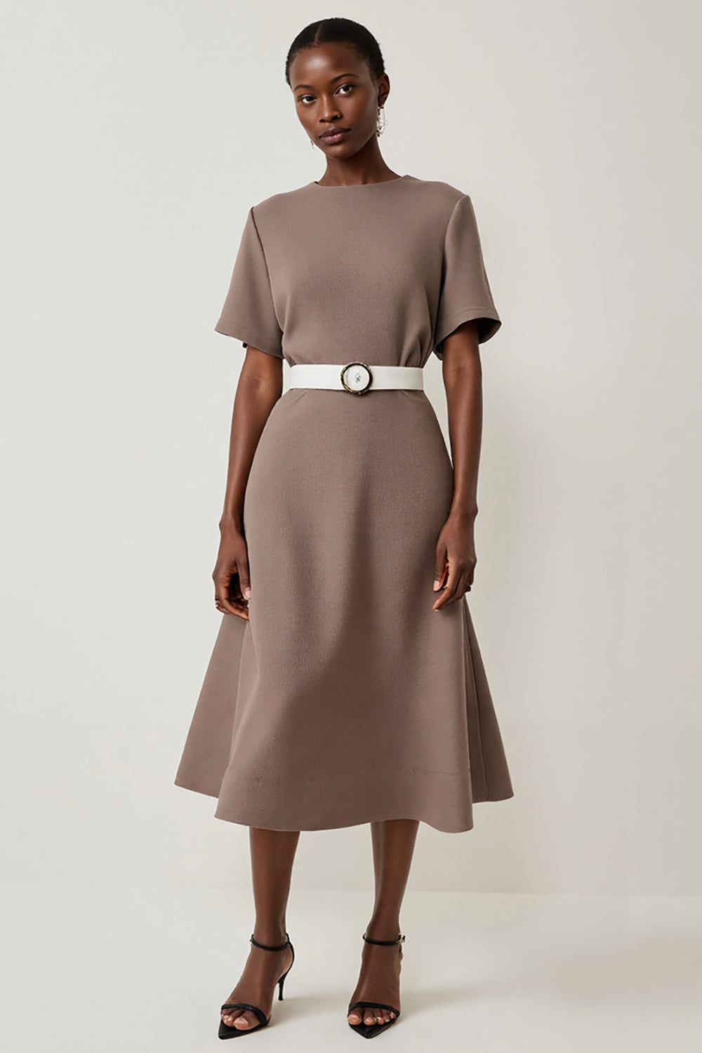 Grey A Line Short Sleeves Midi Work Dress with Belt