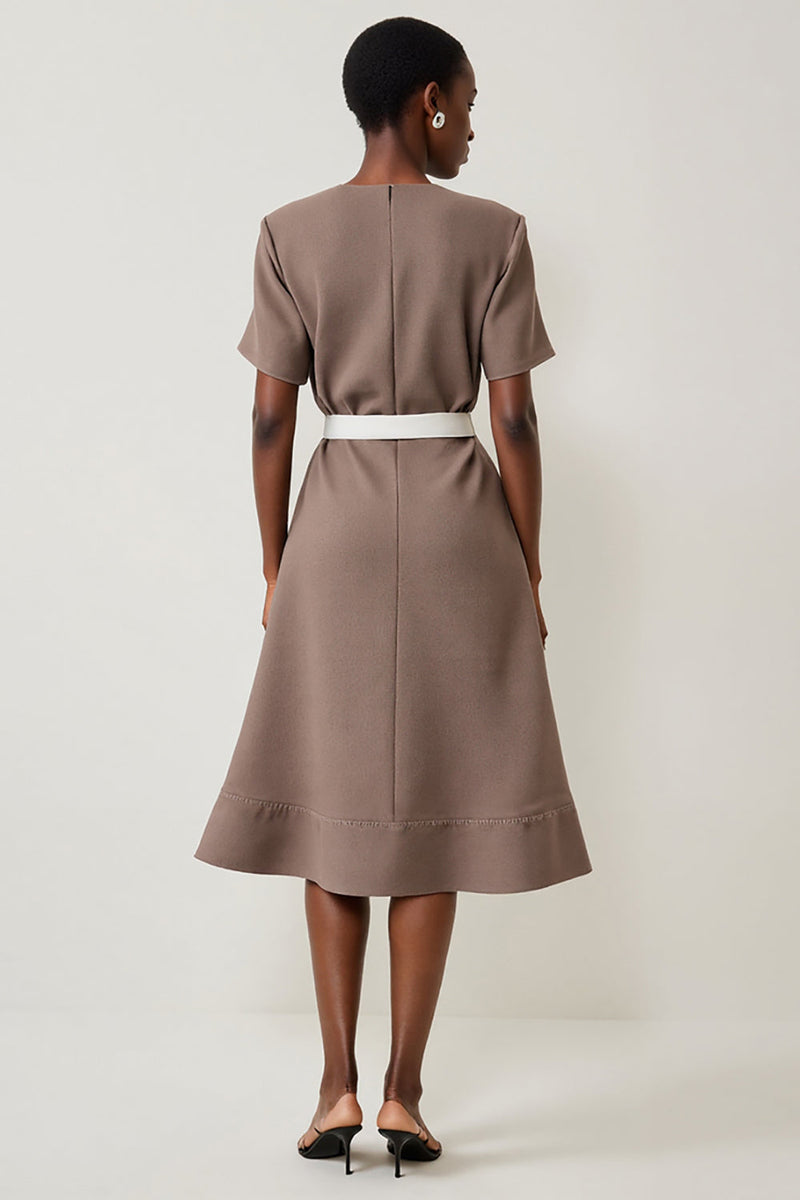 Load image into Gallery viewer, Grey A Line Short Sleeves Midi Work Dress with Belt