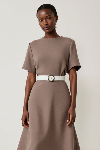 Grey A Line Short Sleeves Midi Work Dress with Belt