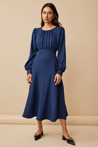 Navy A Line Ruched Satin Midi Work Dress with Long Sleeves