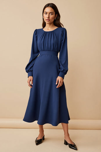 Navy A Line Ruched Satin Midi Work Dress with Long Sleeves