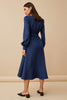 Load image into Gallery viewer, Navy A Line Ruched Satin Midi Work Dress with Long Sleeves