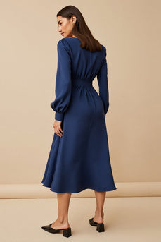 Navy A Line Ruched Satin Midi Work Dress with Long Sleeves