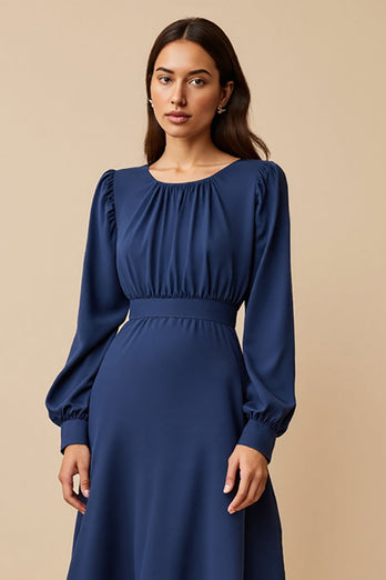 Navy A Line Ruched Satin Midi Work Dress with Long Sleeves