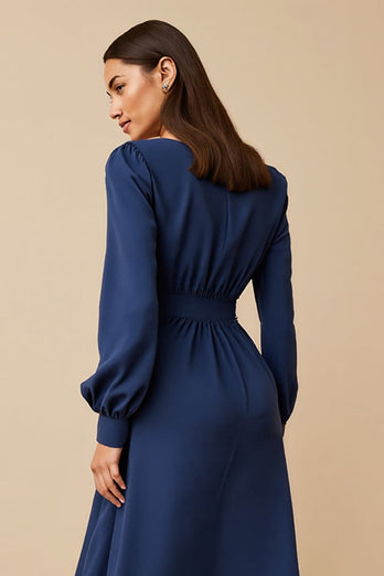Navy A Line Ruched Satin Midi Work Dress with Long Sleeves