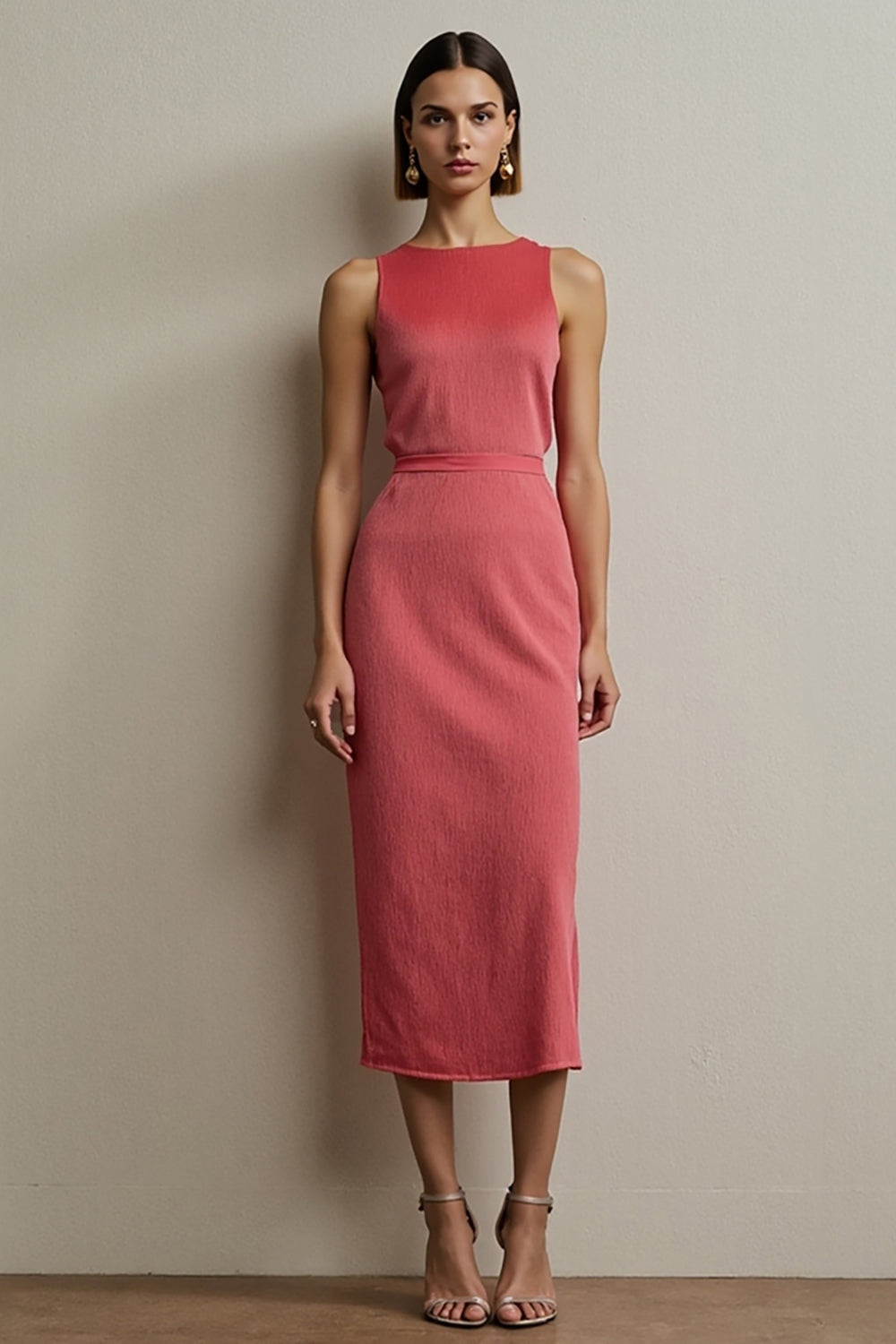 Elegant Red Round Neck Pencil Midi Work Dress