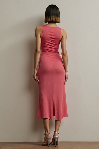Elegant Red Round Neck Pencil Midi Work Dress