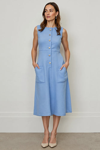 Blue A Line Single Breasted Midi Work Dress with Pockets