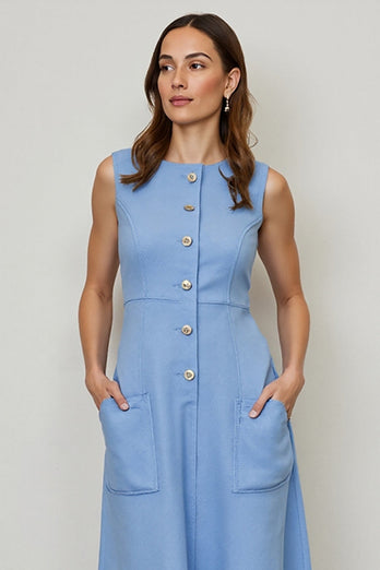 Blue A Line Single Breasted Midi Work Dress with Pockets