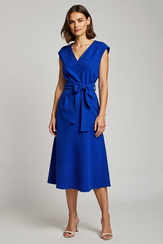 Royal Blue A Line V-Neck Cap Sleeves Midi Work Dress with Bow