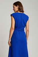 Load image into Gallery viewer, Royal Blue A Line V-Neck Cap Sleeves Midi Work Dress with Bow