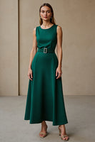 Load image into Gallery viewer, Dark Green Satin A Line Round Neck Maxi Work Dress with Belt