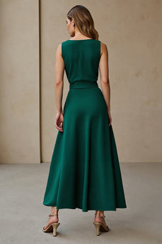 Dark Green Satin A Line Round Neck Maxi Work Dress with Belt