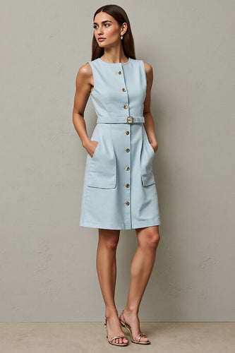 Light Blue Bodycon Single Breasted A Line Short Work Dress with Belt