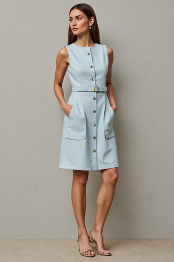Light Blue Bodycon Single Breasted A Line Short Work Dress with Belt