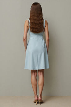 Light Blue Bodycon Single Breasted A Line Short Work Dress with Belt