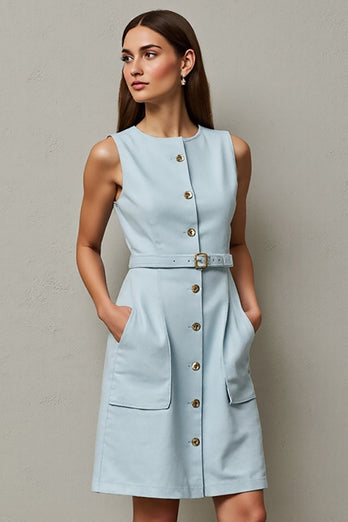 Light Blue Bodycon Single Breasted A Line Short Work Dress with Belt