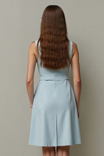 Light Blue Bodycon Single Breasted A Line Short Work Dress with Belt