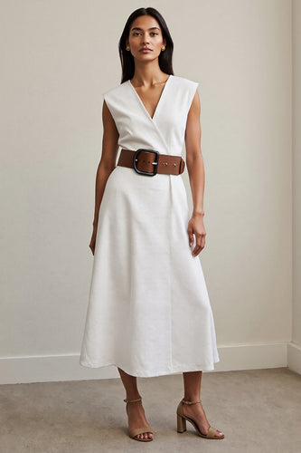 Simple White V-Neck A Line Maxi Work Dress with Belt
