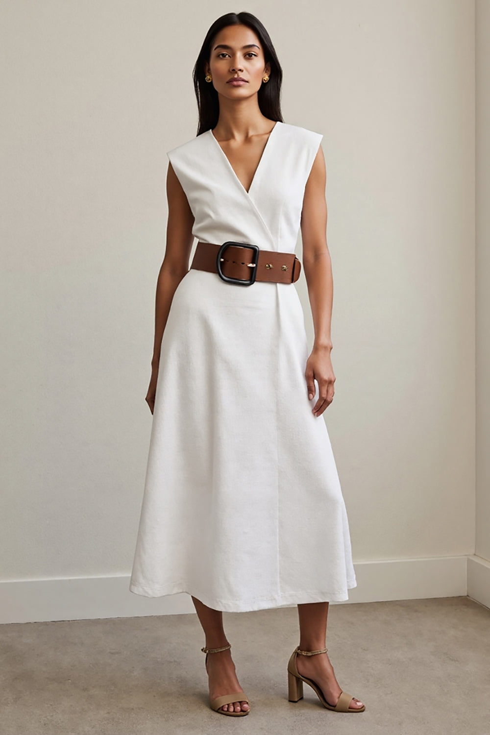 Simple White V-Neck A Line Maxi Work Dress with Belt