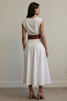 Load image into Gallery viewer, Simple White V-Neck A Line Maxi Work Dress with Belt