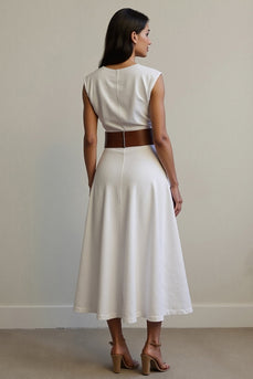 Simple White V-Neck A Line Maxi Work Dress with Belt