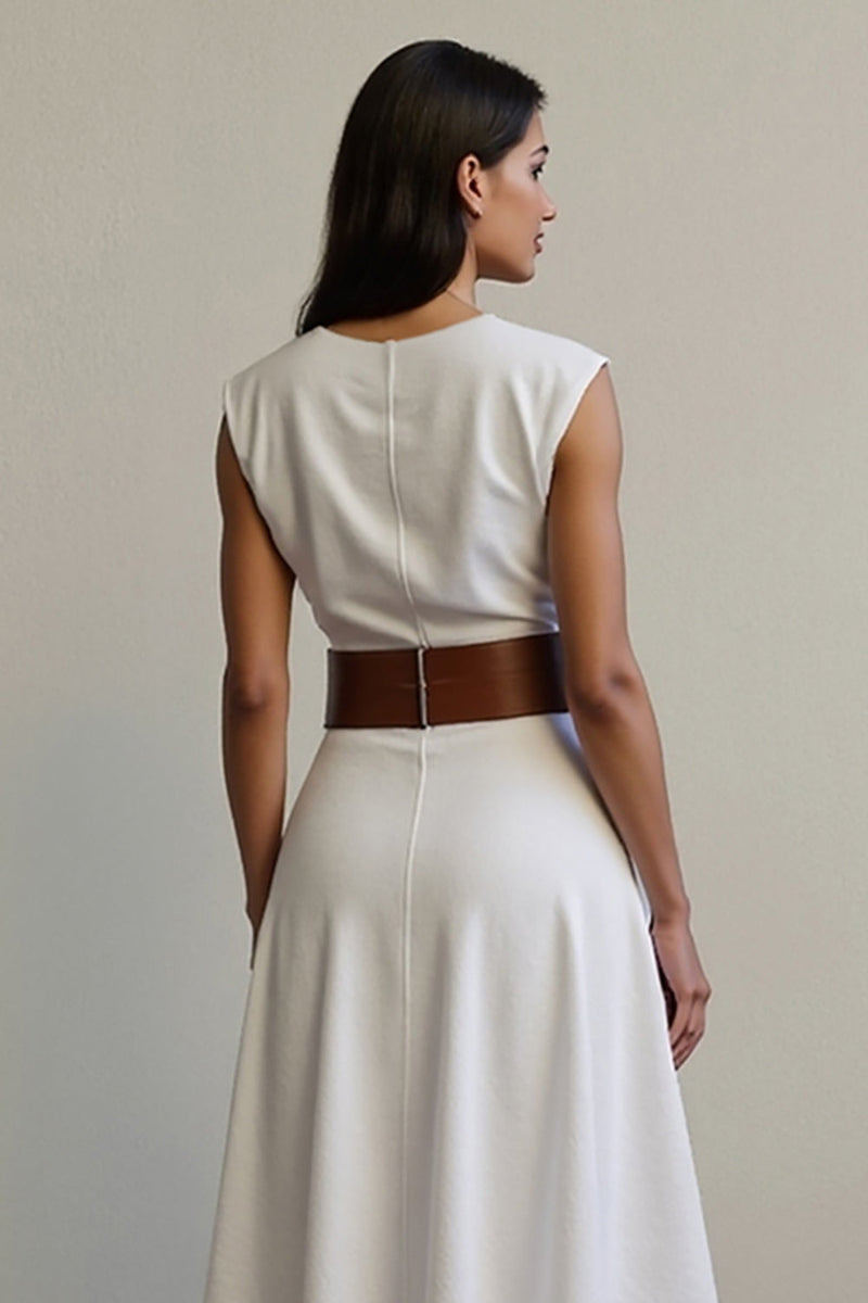 Load image into Gallery viewer, Simple White V-Neck A Line Maxi Work Dress with Belt