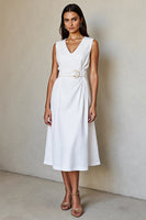 Load image into Gallery viewer, Simple White V-Neck A Line Midi Work Dress with Belt