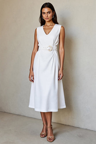 Simple White V-Neck A Line Midi Work Dress with Belt