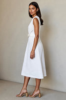 Load image into Gallery viewer, Simple White V-Neck A Line Midi Work Dress with Belt