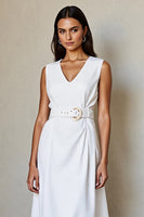 Load image into Gallery viewer, Simple White V-Neck A Line Midi Work Dress with Belt