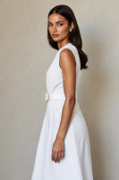 Load image into Gallery viewer, Simple White V-Neck A Line Midi Work Dress with Belt