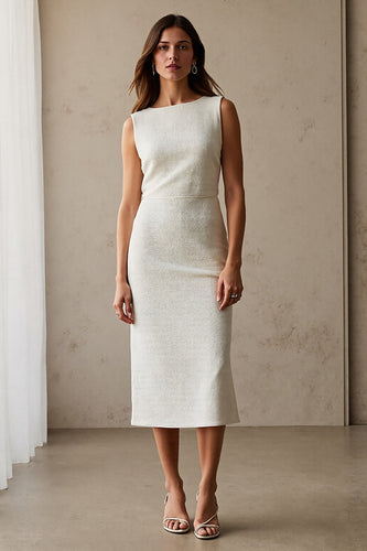 Simple Ivory Pencil Bateau Neck Midi Work Dress