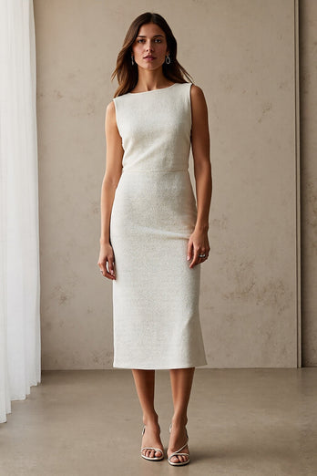 Simple Ivory Pencil Bateau Neck Midi Work Dress