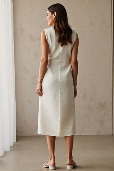 Simple Ivory Pencil Bateau Neck Midi Work Dress