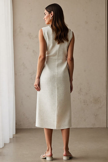 Simple Ivory Pencil Bateau Neck Midi Work Dress